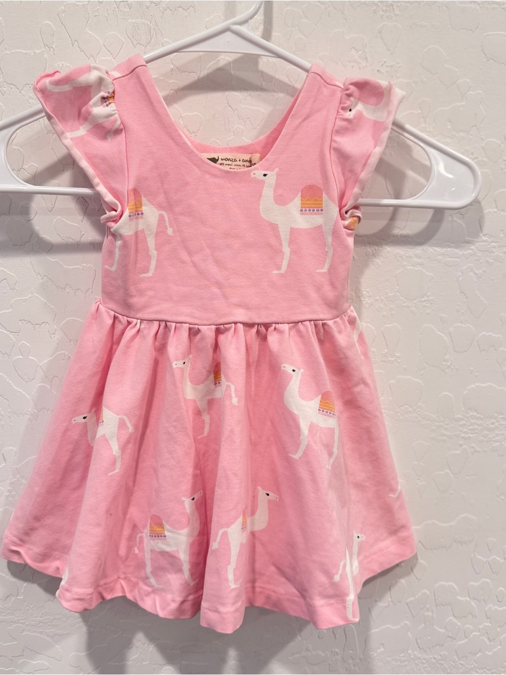 Monica + Andy Organic Cotton Dress Girls 18M Pink White Camel Flutter Sleeve